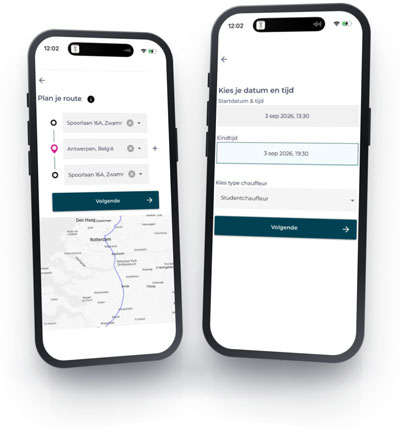 Schermen van de DriveMe-app: route plannen en datum & tijd kiezen